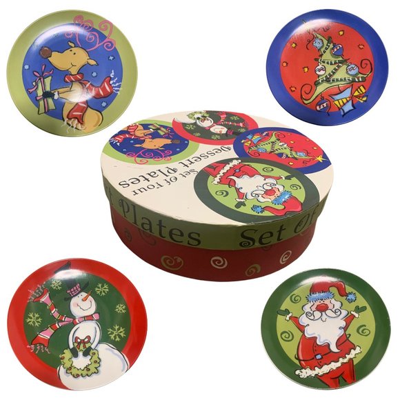 Santa’s Workbench Dessert Ceramic Plates With Case For Christmas Dining Set of 4 - Picture 1 of 9